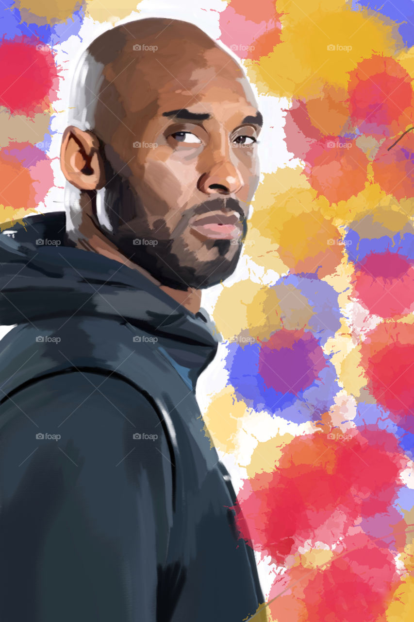 A digital painting of late Kobe Bryant with a splashy background in colours.