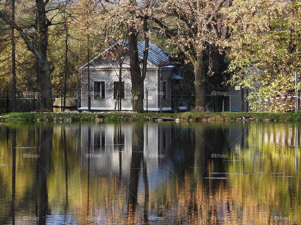 House and autumn lake
