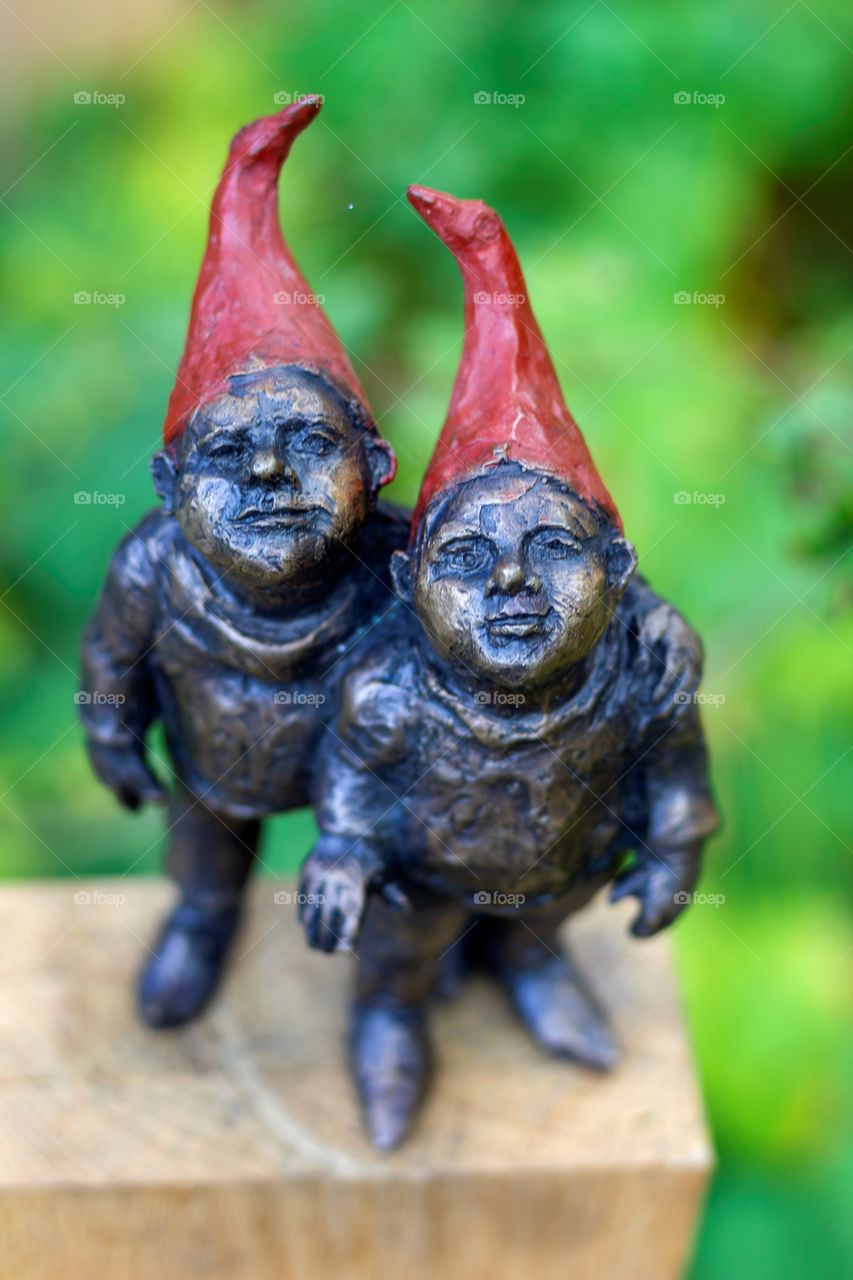 A top down portrait of two metal garden gnomes looking up at the camera. their hats have been colored red.