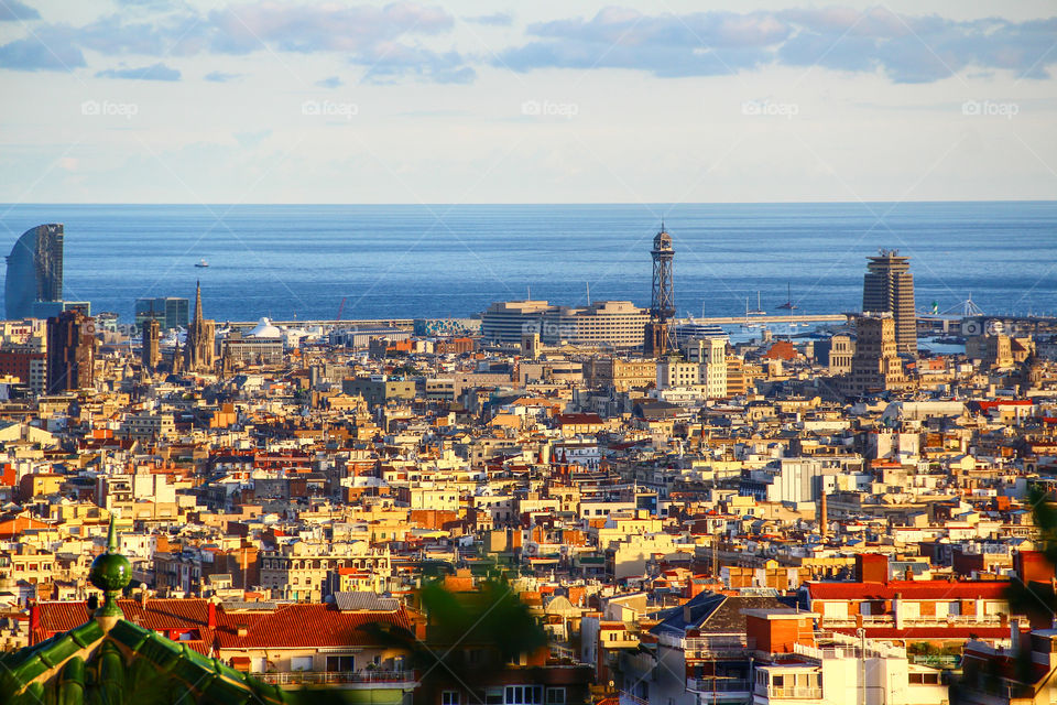 Landscape photo of Barcelona in the late evening.