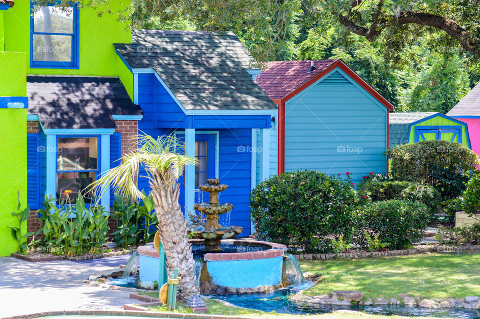 Colorful buildings in a tropical setting