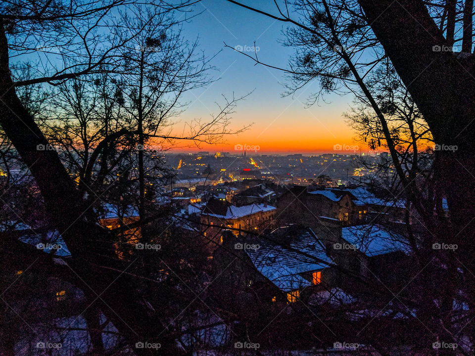 Lviv cityscape during the sunset in the winter season