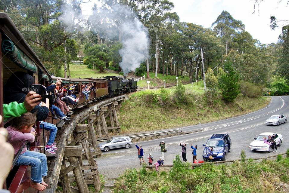 Puffing Billy traveling over the old trestle bridge 
