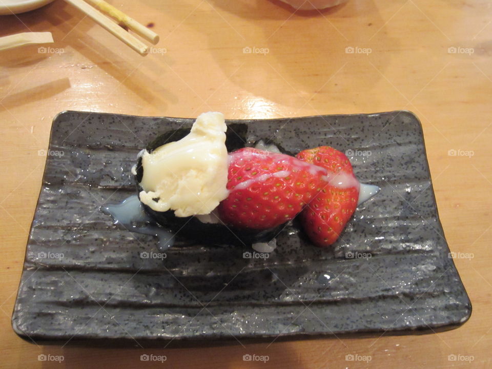 Strawberry, Chocolate and Ice Cream Dessert, Sushi Style. Modern Sushi, Nakameguro, Tokyo, Japan