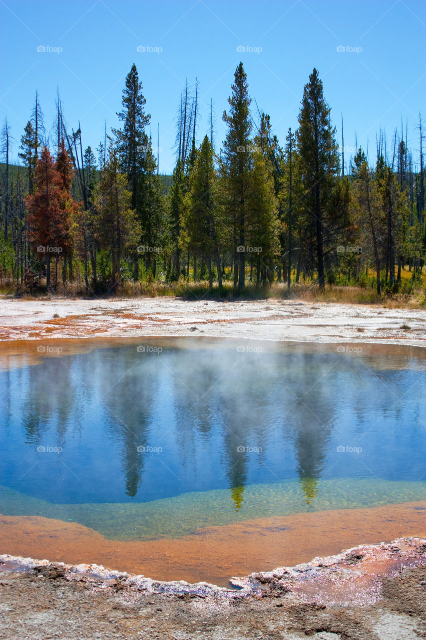 View of hot spring lake in Wyoming