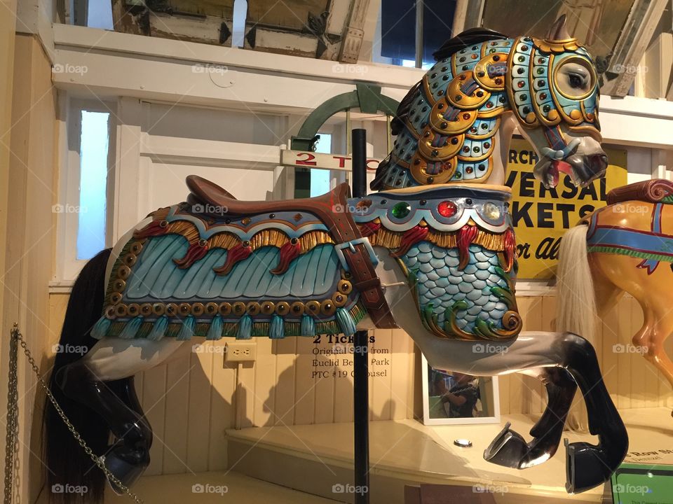 Blue Antique Carousel Horse. This horse is at the merry-go-round museum in Sandusky Ohio