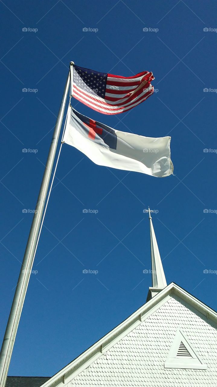 Church flags and steeple