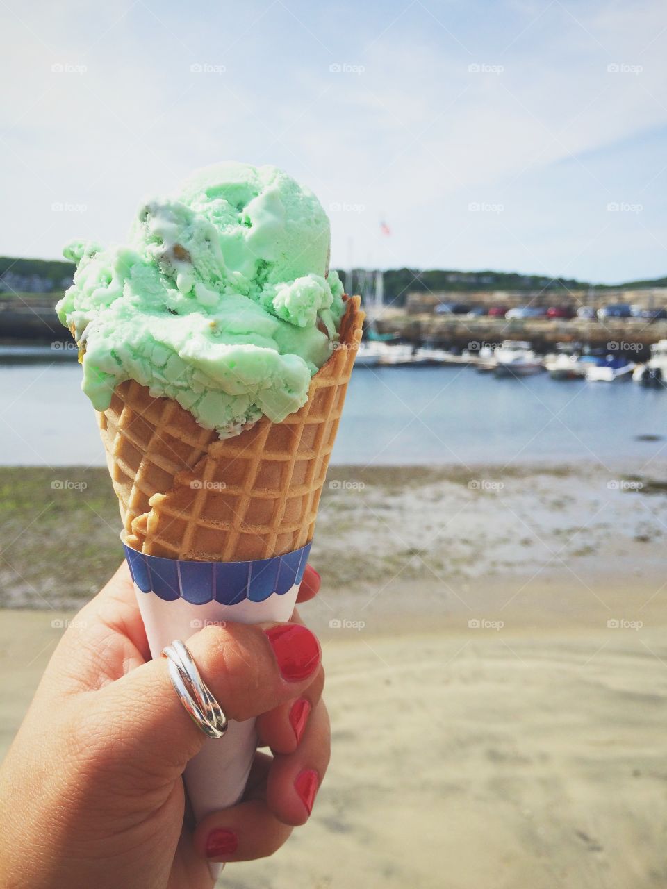 Pistachio Cone. Ice cream by the sea