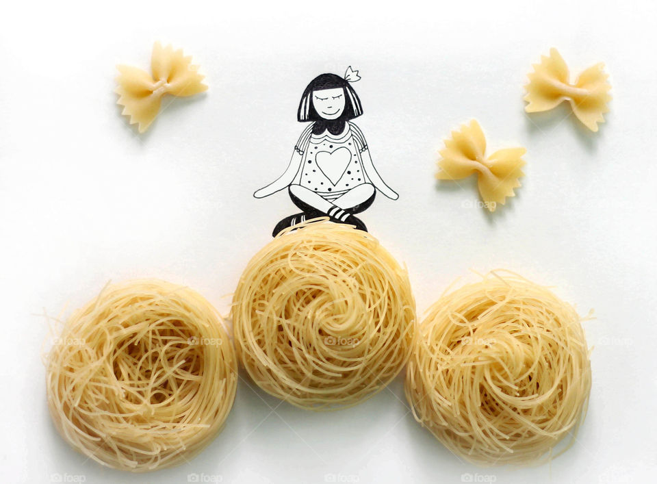 My illustration of a girl sitting on "bale of hay" of noodles, pasta time, summertime