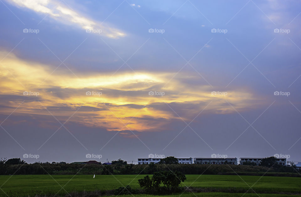 Beautiful light of Sunset with clouds in the sky reflection behind the building and paddy fields.