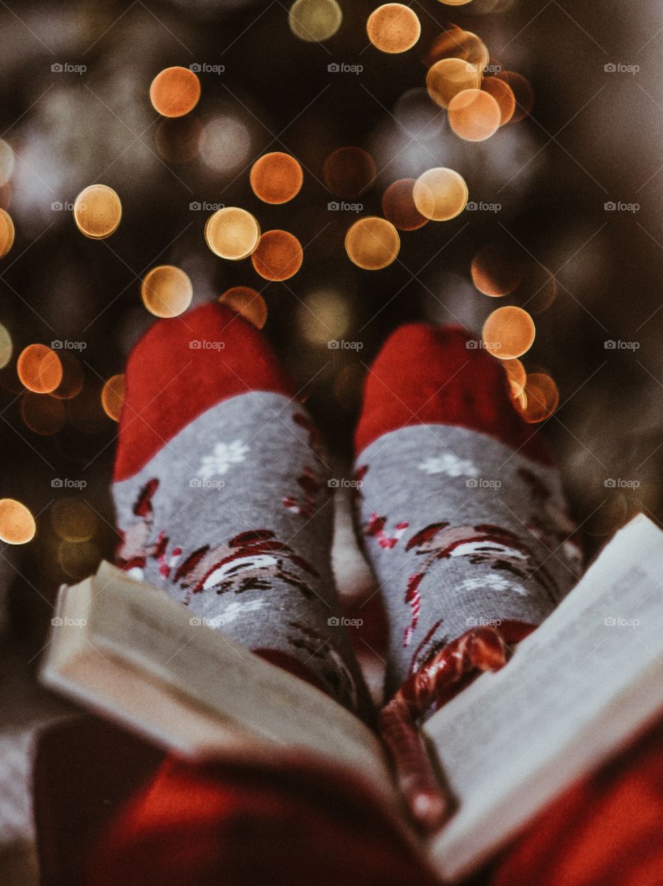 christmas socks with a book on the background of a christmas tree