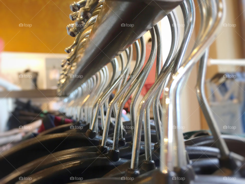 close-up view of a group of clothes hanger hooks