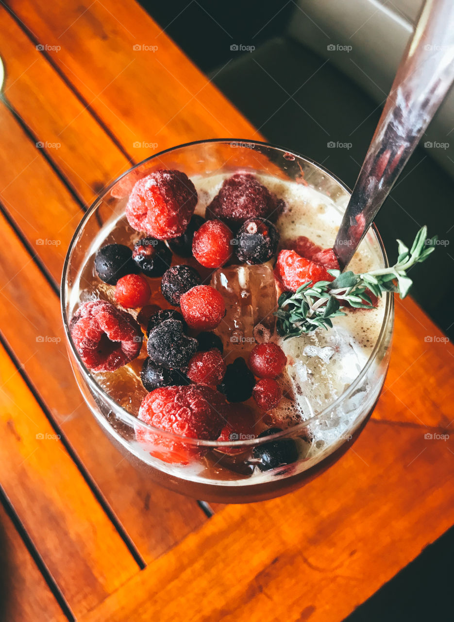 Ice coffee mix with some fruits, beautiful glass of coffee 