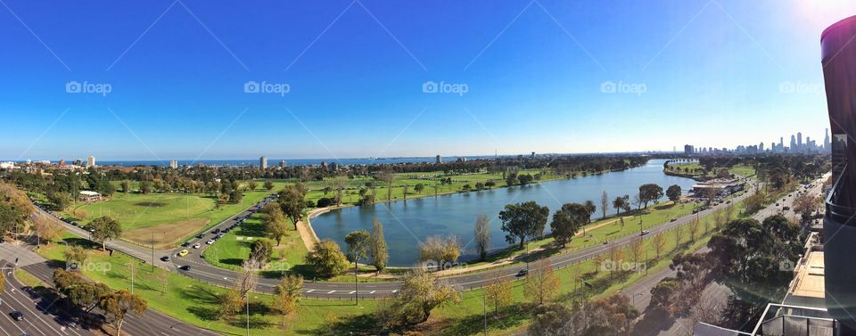 Albert Park panorama . Panoramic view of Albert Park and City of Melbourne  