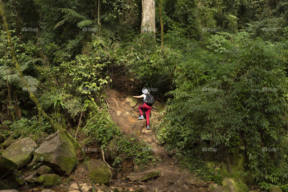 Hiking in Brazil - Woman walking on the Camapua trail. Heart-sheped frame in nature.