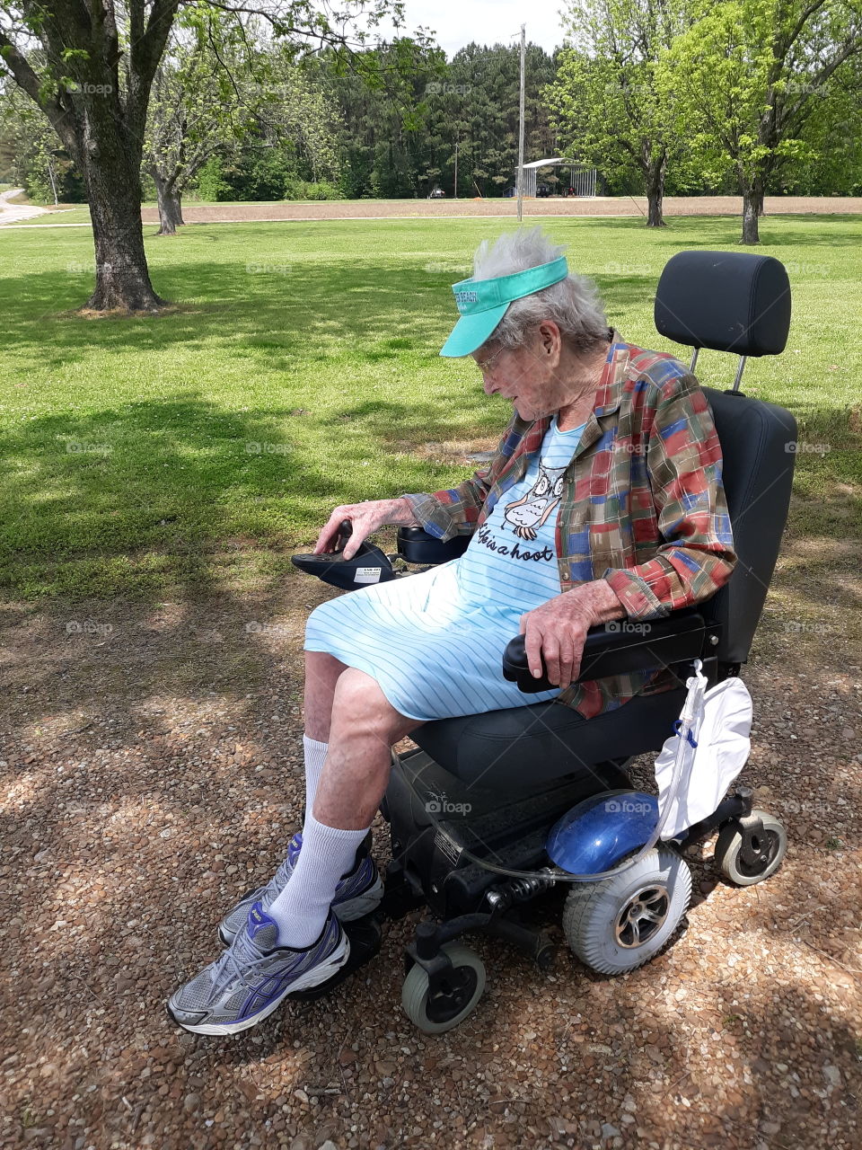 Grandma learning how to use her motorized wheelchair