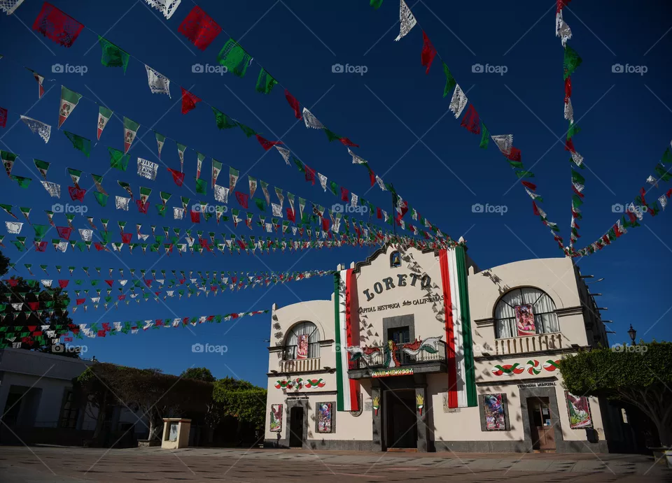Loreto Government Building celebrating Mexican Independence Month, Baja California Sur, México