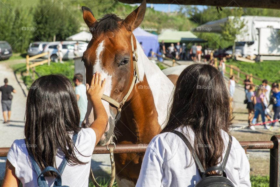 young girls stroking a horse