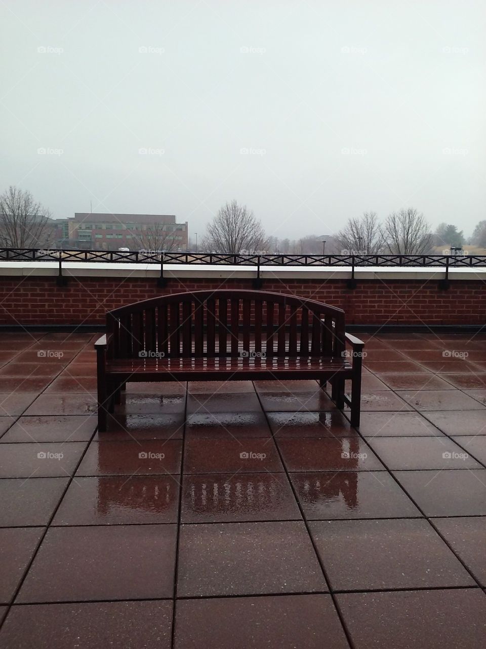 Empty bench in the rain on rooftop patio