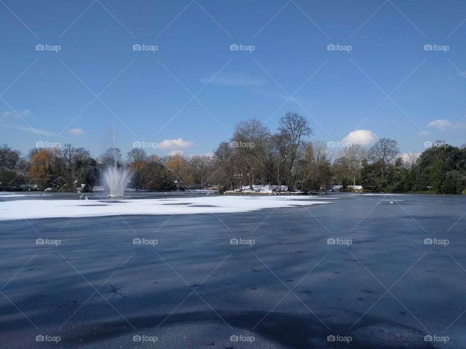 Victoria Park, London, in the snow on a clear day