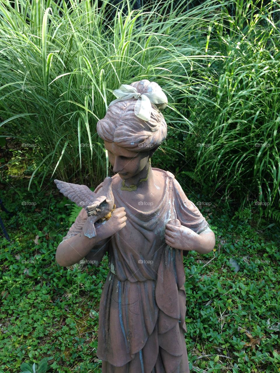 Last Light of Day Mission. Last of the sun's light shines on a corner where there's a Lady statue & grasses. Used IPhone 5C.