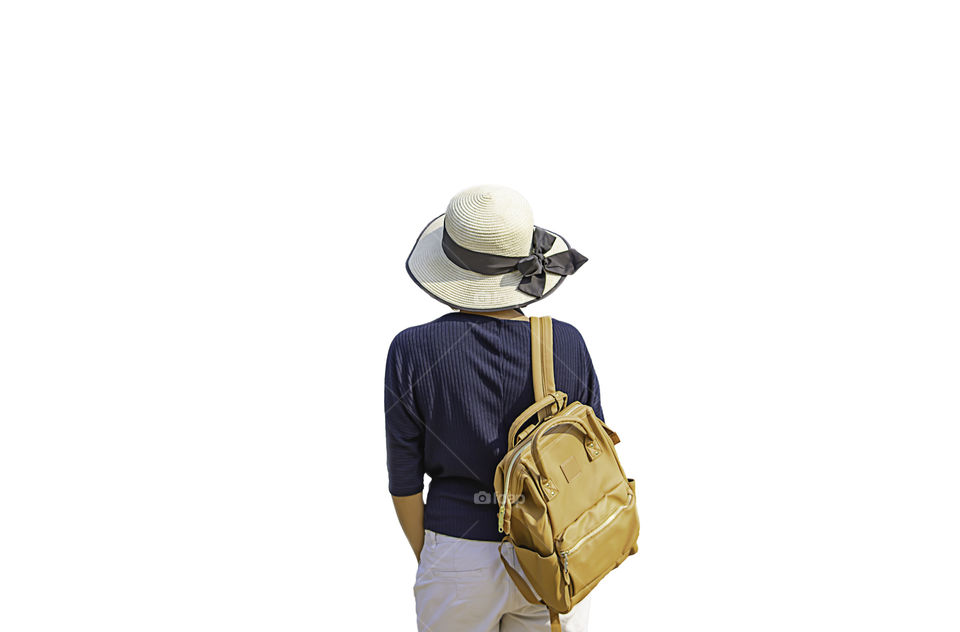 Women shoulder backpack and Wear a hat on a white background.