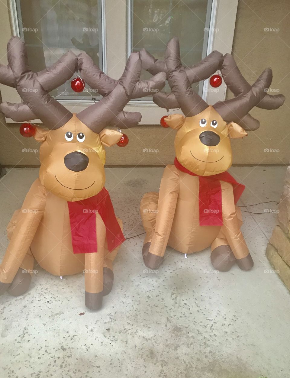 Reindeer -Two decorative, Christmas reindeer- blow up figures sitting on the front porch on a cool winters day in December. USA, America 