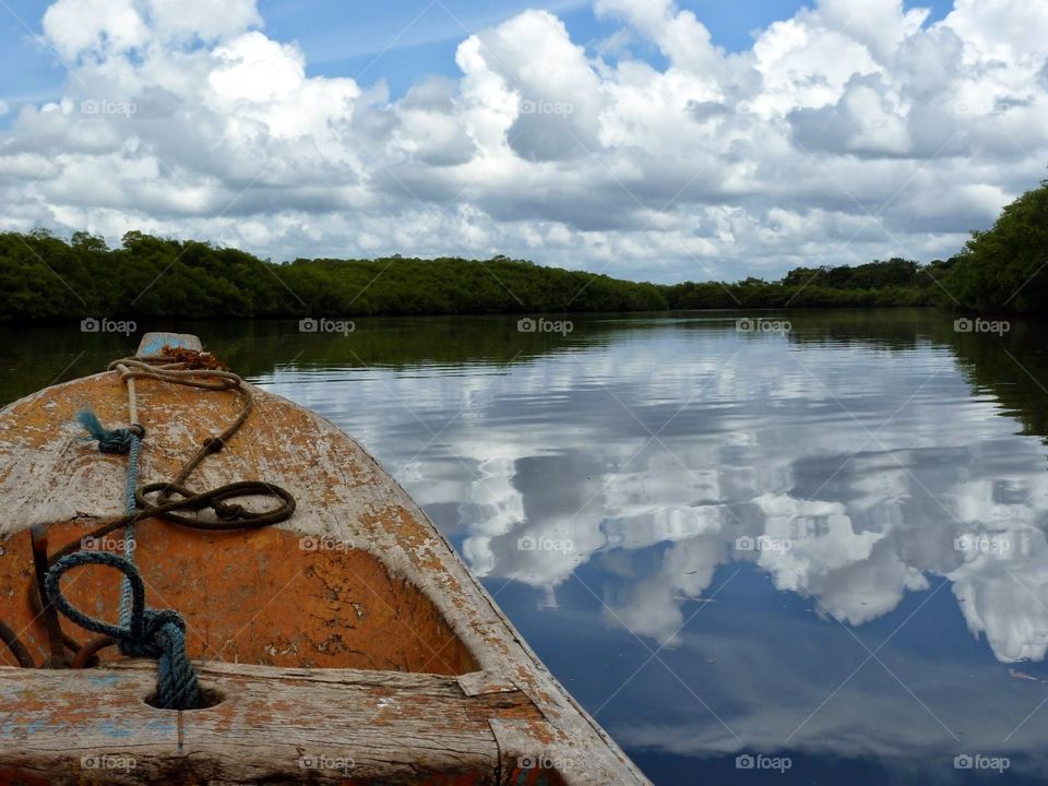 Boat trip in Boipeba island. Delta of the river covered with mangrove 