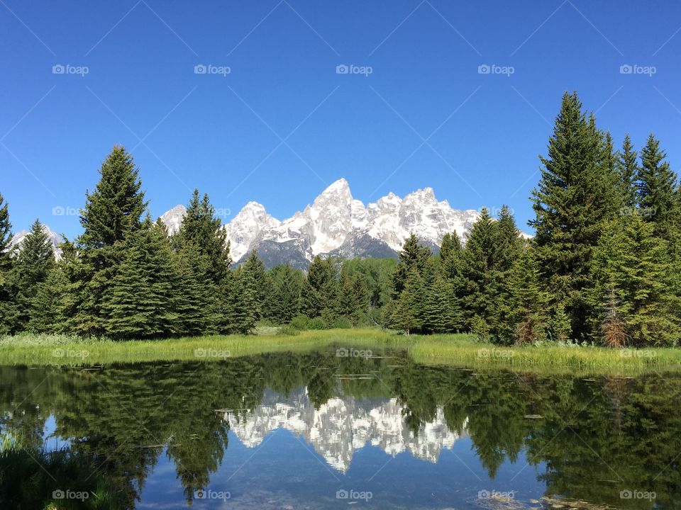 Grand tetons reflected on lake