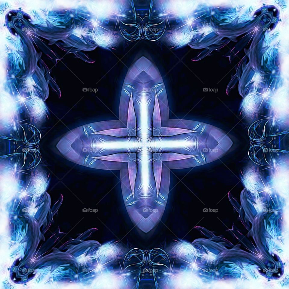 Abstract cross and design done in purples and blues