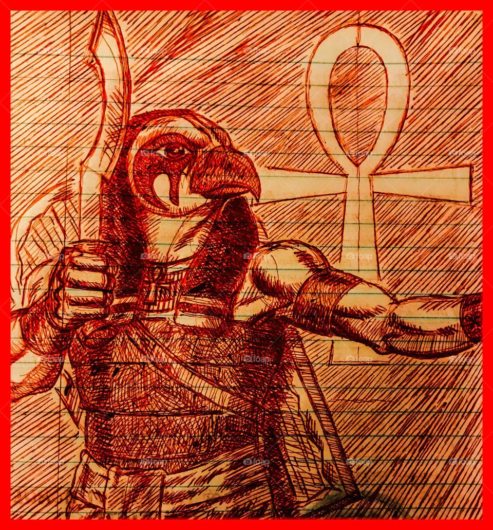 An ink sketch depicting Horus, the almighty Egyptian falcon deity of the sky, and warfare and protection. It is from the page of a journal.