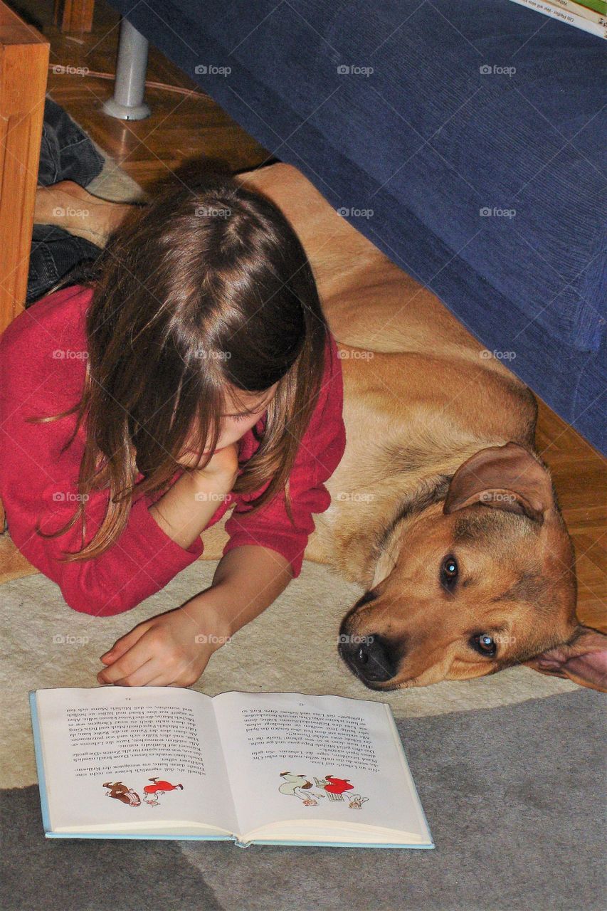 Mädchen mit Hund, Haustiere, Lesen, Haustiere helfen, Geborgenheit, Nähe