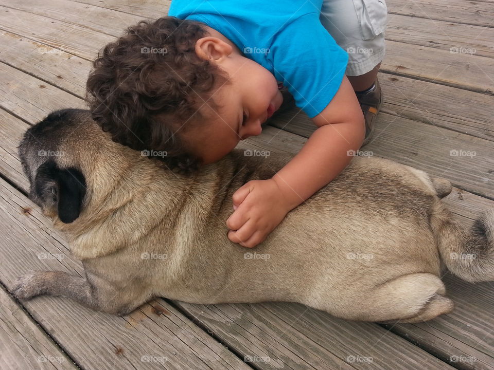 child loves dog. Pug gets a hug