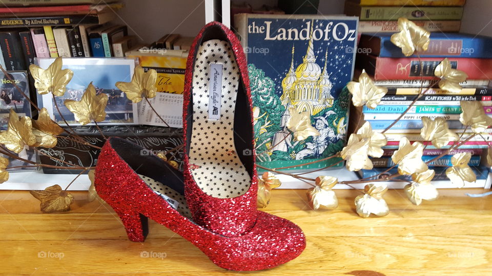Ruby slippers in front of bookcase with Land of Oz book in the Background