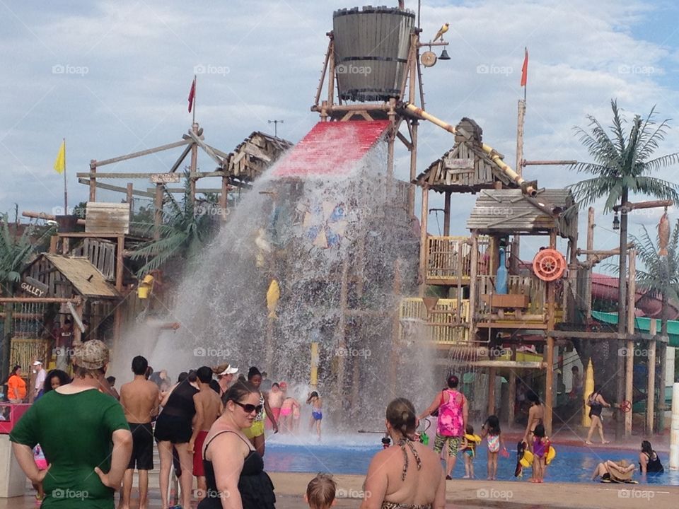 Beware of the bucket. Bucket dump and kids' area at hurricane harbor water park