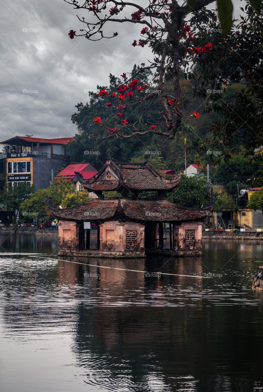 Beautiful temple in the middle of the lake in the city, Vietnam 