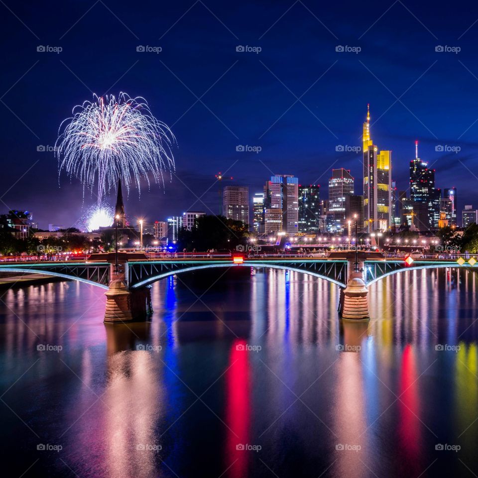 Frankfurt am Main city skyline at blue hour