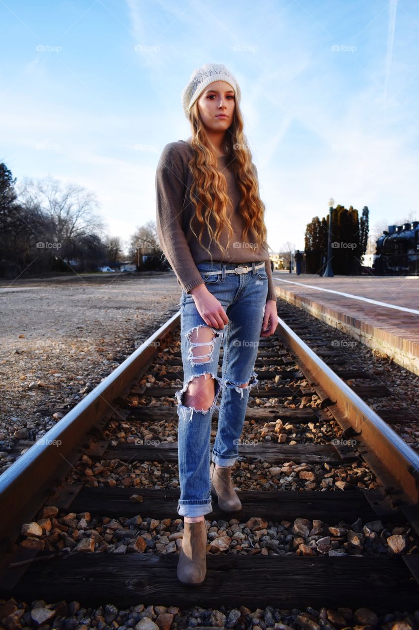 Model on the train tracks 