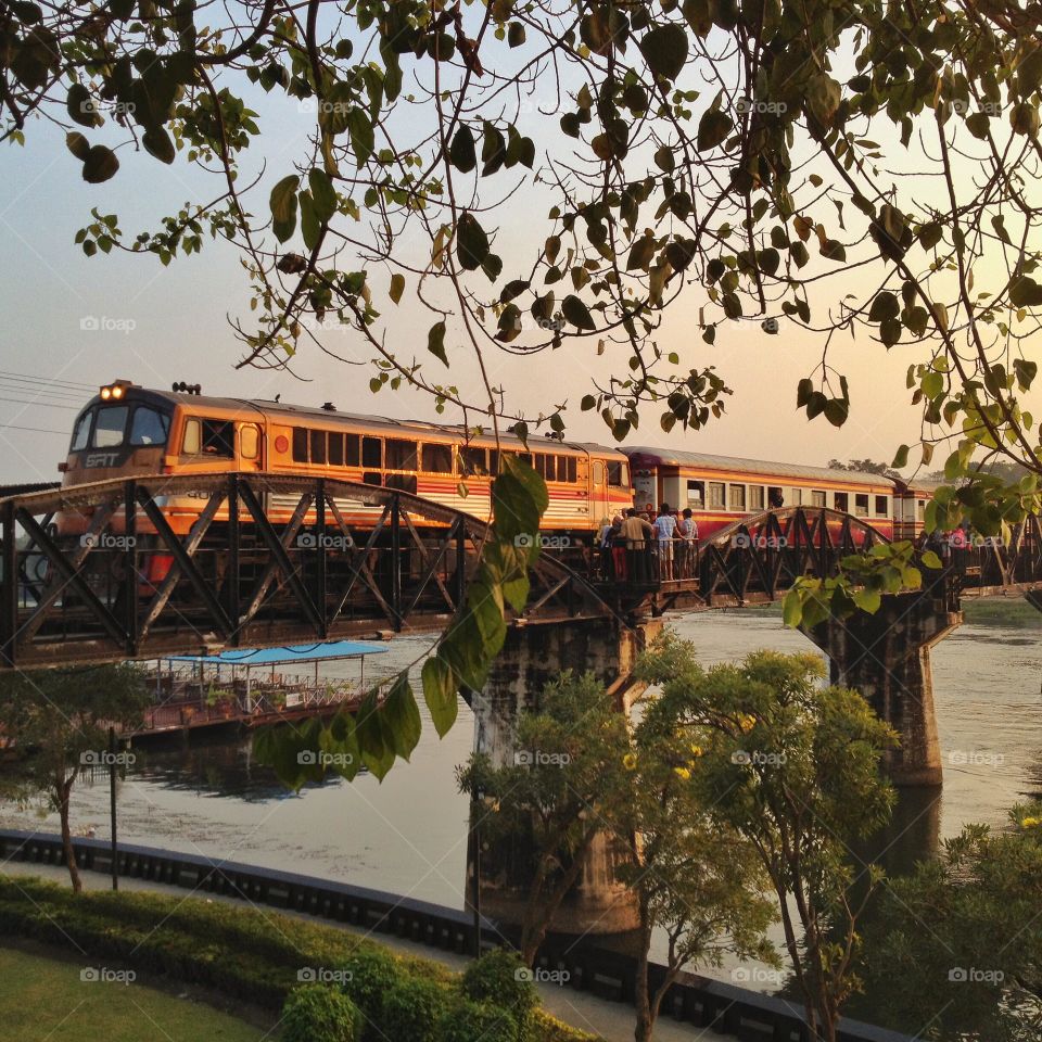 River Kwai Historical Bridge , Kanchanaburi, Thailand . Historical World War II railroad bridge