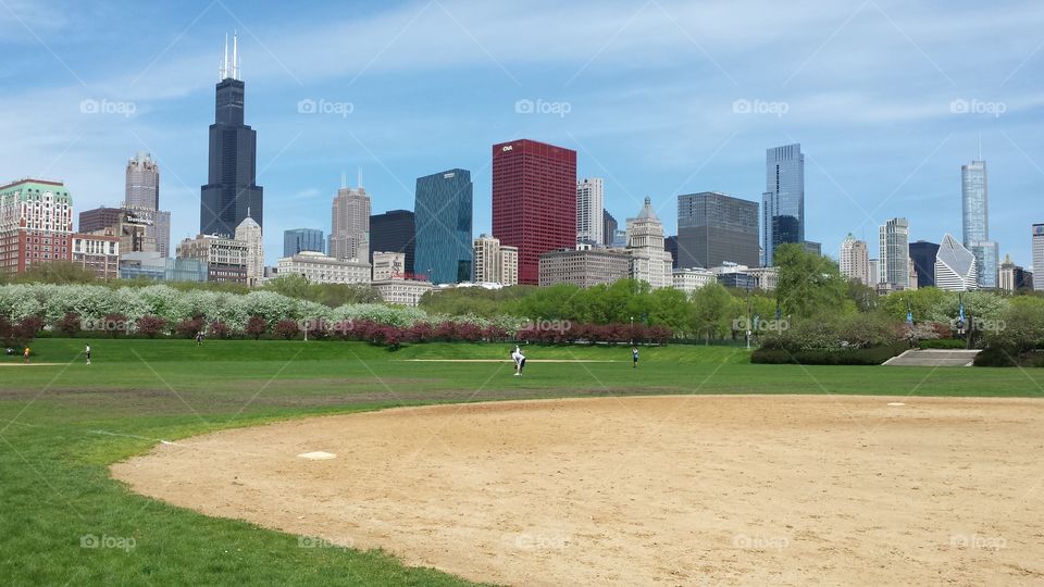 picture perfect Chicago softball with skyline backdrop