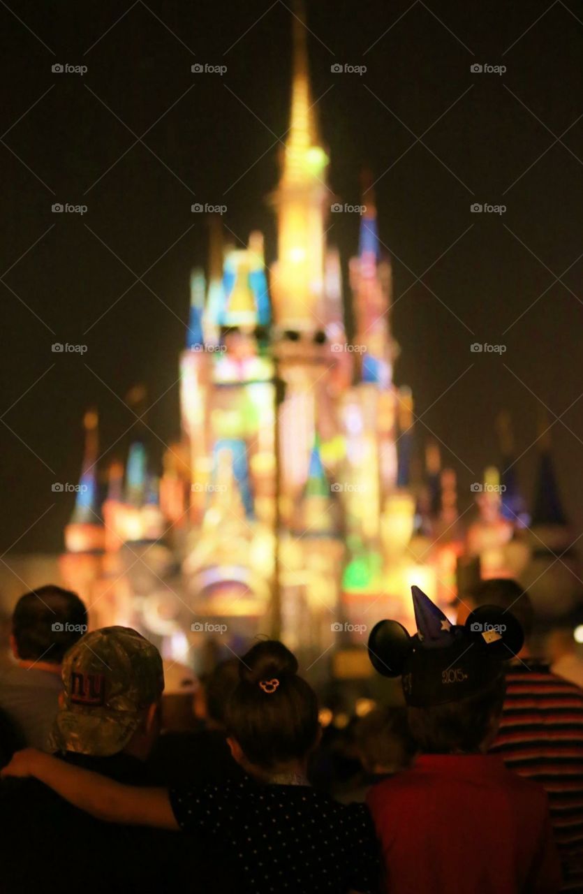 Family, lights, castle, vacation, hats, details
