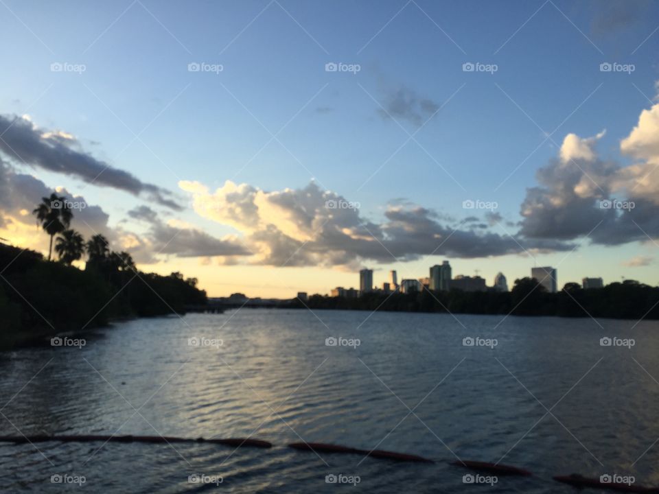 Austin, Texas skyline from Lady Bird Lake at sunset