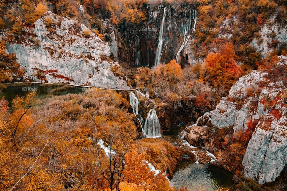 Beautiful autumn scenery with waterfalls at Plitvice lakes national park in Croatia