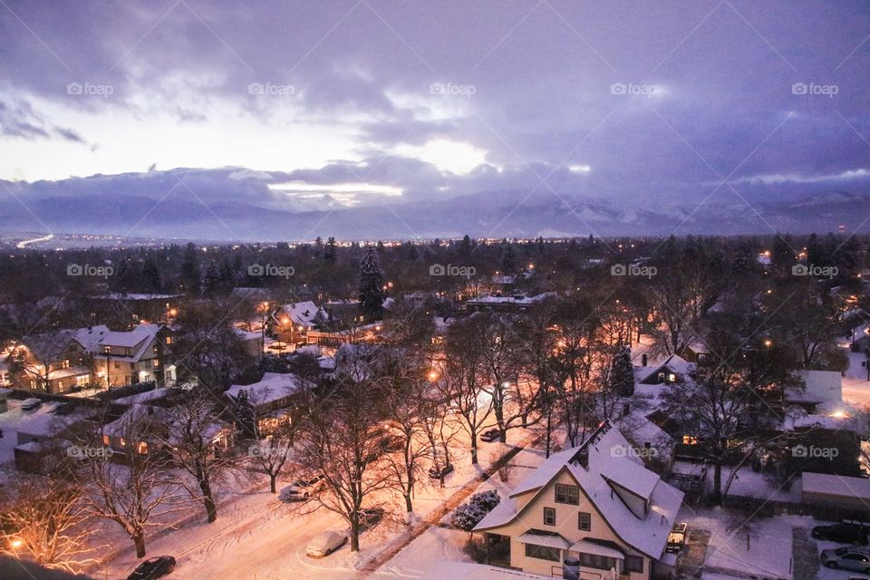 Cold, snowy night in the mountain town of Missoula, Montana. 
