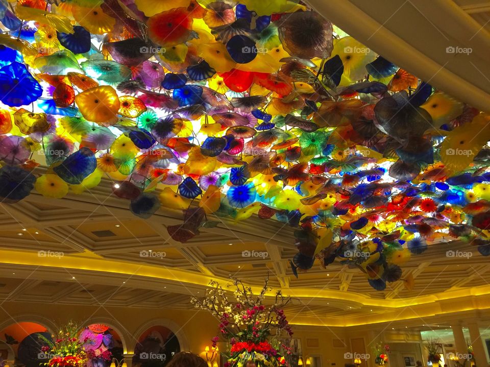 Chihuly blown glass lighting display in lobby of Bellagio Hotel and Casino in Las Vegas, Nevada