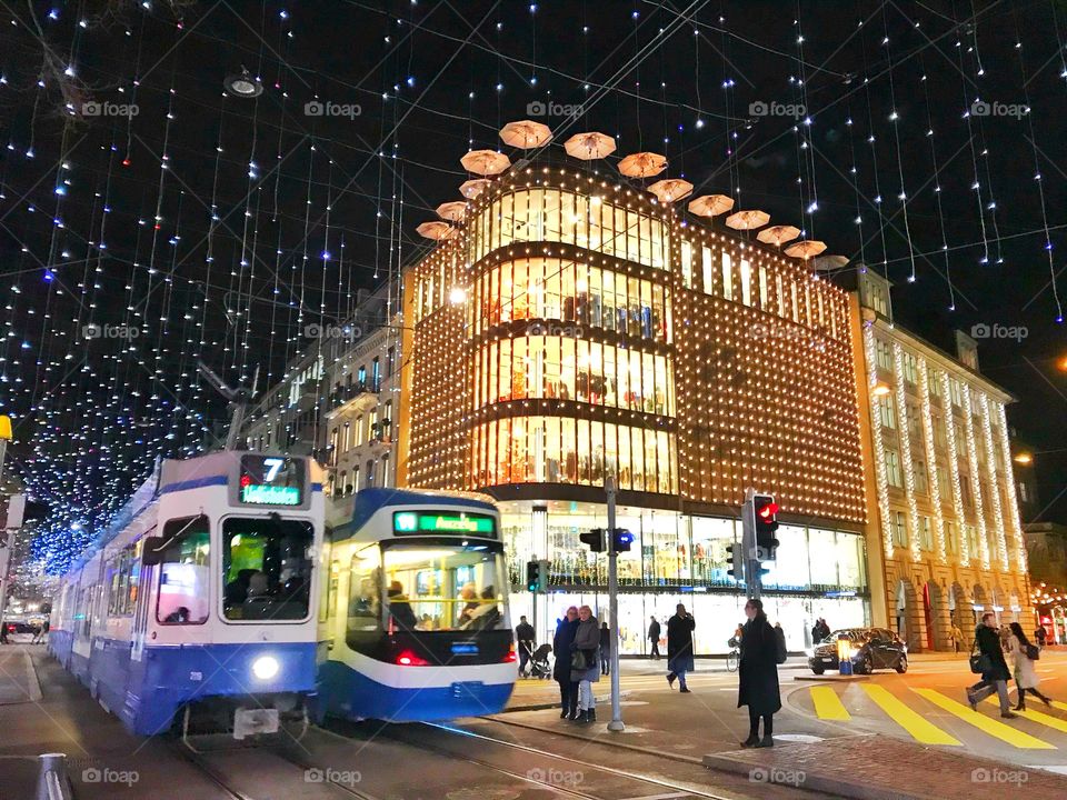 Trams and Christmas lights in Zurich, Switzerland 