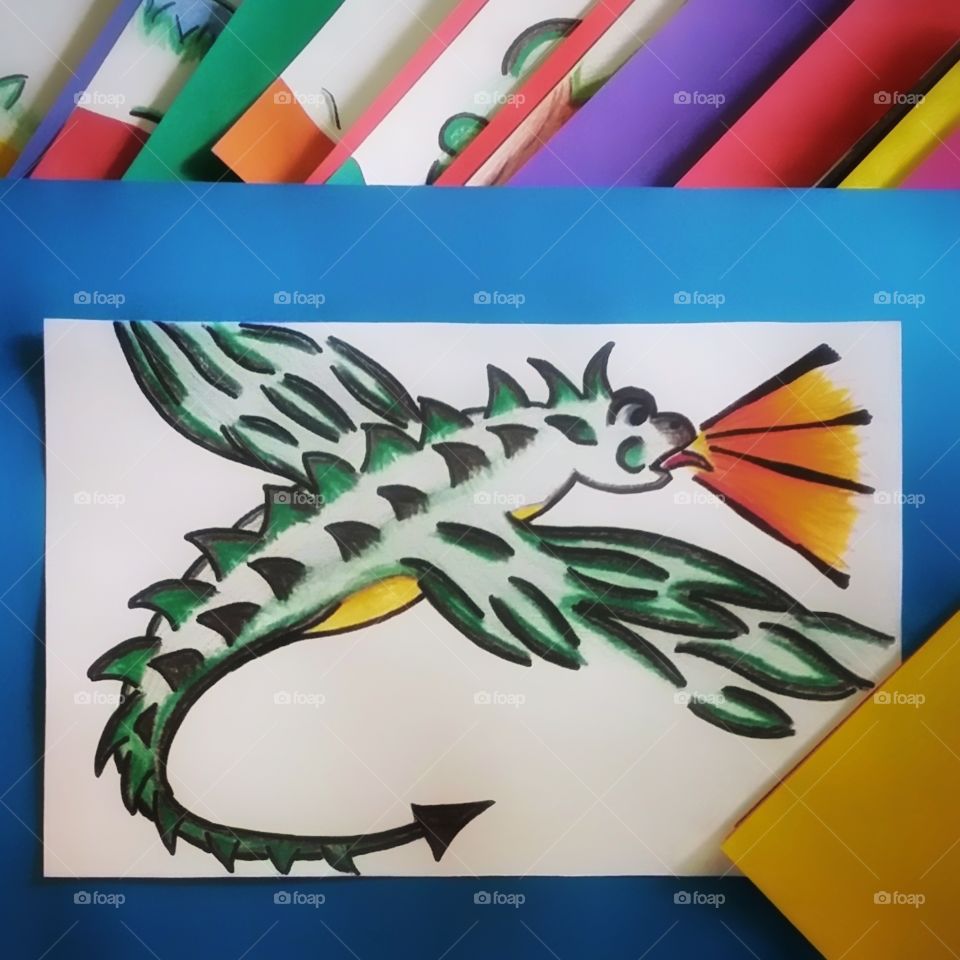 Original artwork of a Dragon children's illustration on a rectangular piece of paper