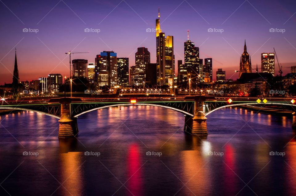 Frankfurt am Main city skyline at sunset
