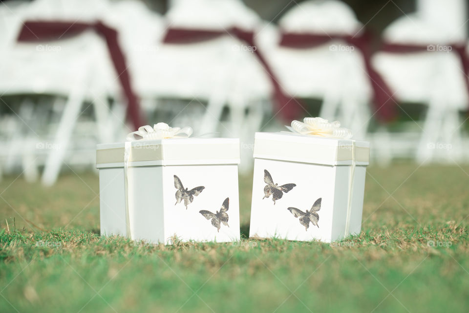 White butterfly release boxes on wedding isle