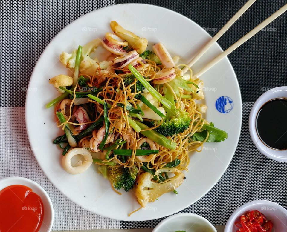 High angle view of noodles in plate